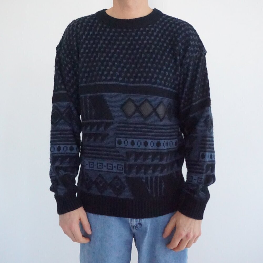 Bugatti Vintage Black Blue Geometric Knit Preppy Quiet Luxury Sweater Large